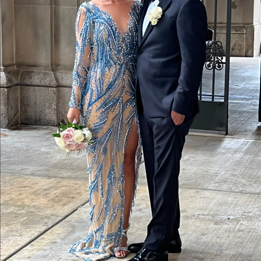 Albina Dyla Customized Blue Beaded Gown Pageant Gala Prom Ball - Picture 2 of 9
